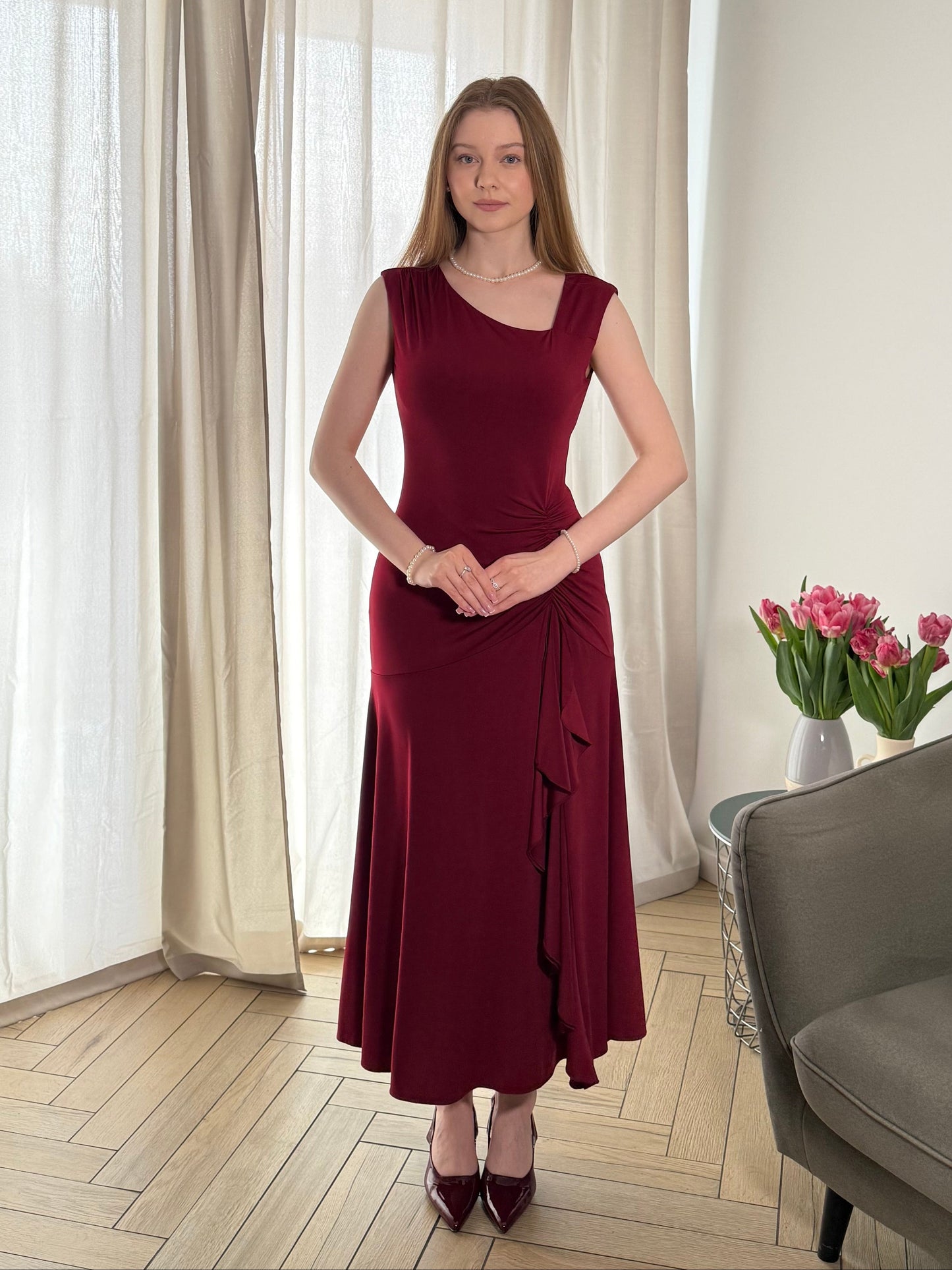 ever NORA|Ruffled Knit Cap Sleeve High Stretch Evening Dress