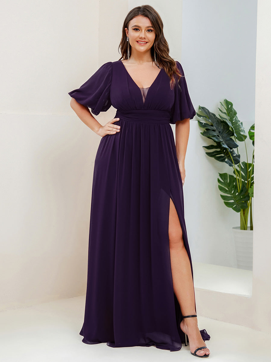 ever MADISON|Chiffon Illusion V-Neck Flutter Sleeve Front Slit Evening Dress