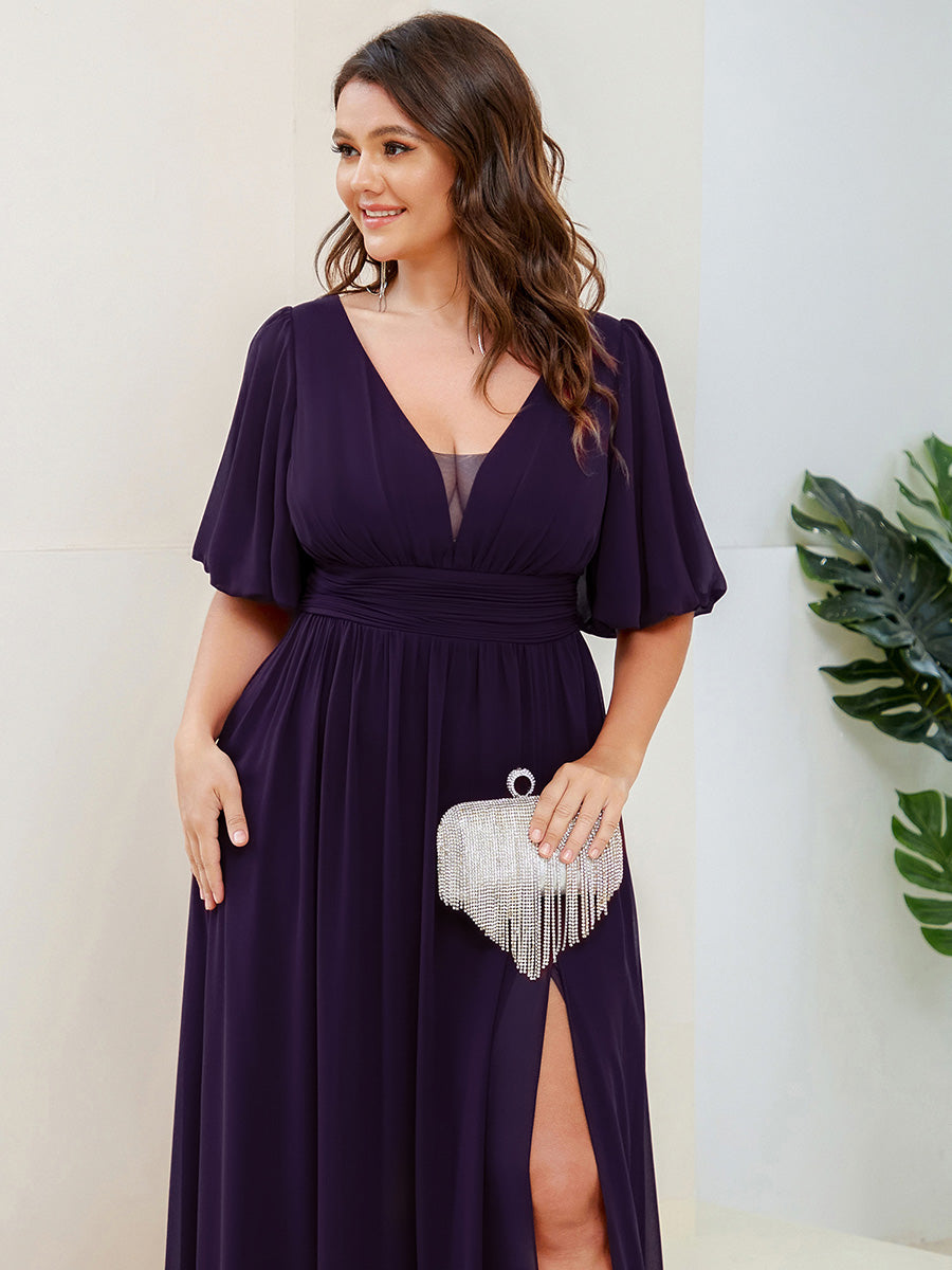 ever MADISON|Chiffon Illusion V-Neck Flutter Sleeve Front Slit Evening Dress