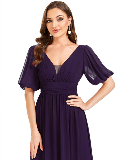 ever MADISON|Chiffon Illusion V-Neck Flutter Sleeve Front Slit Evening Dress
