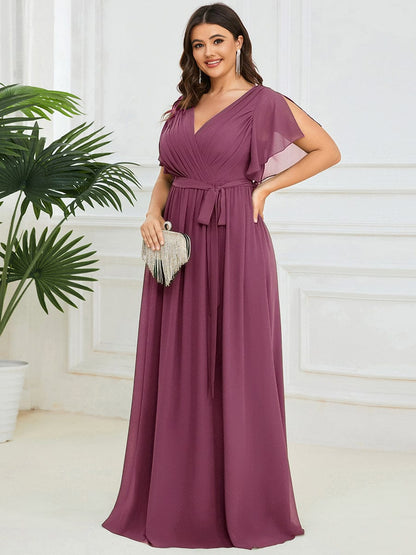 pretty LEORA|Plus Size Chiffon Tie-Waist Evening Dress