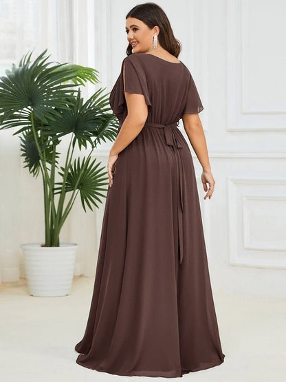 pretty LEORA|Plus Size Chiffon Tie-Waist Evening Dress