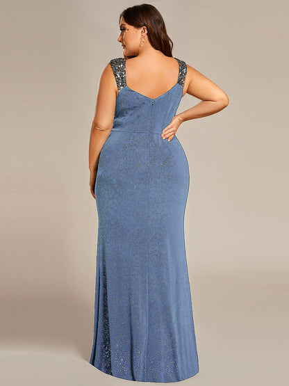 pretty NOIRE|Plus Size Glitter V-Neck High Slit Sequin Shoulder Strap Evening Dress