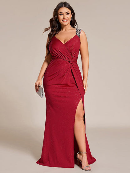 pretty NOIRE|Plus Size Glitter V-Neck High Slit Sequin Shoulder Strap Evening Dress