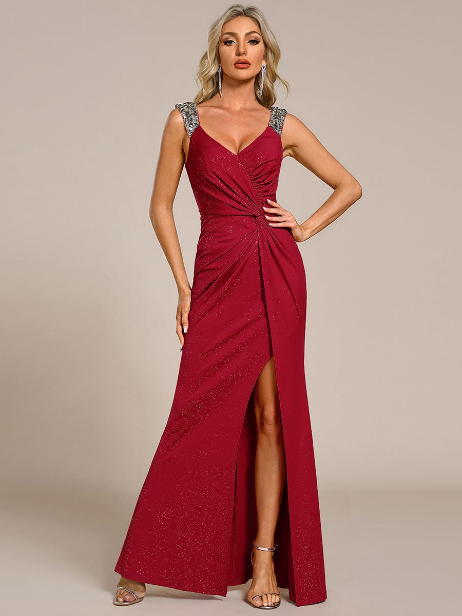 ever NOIRE|Glitter V-Neck High Slit Sequin Shoulder Strap Evening Dress