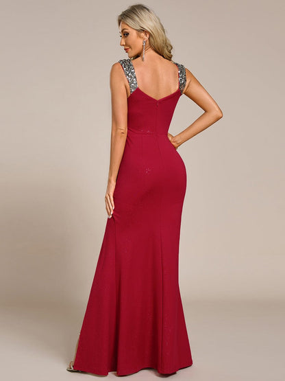 ever NOIRE|Glitter V-Neck High Slit Sequin Shoulder Strap Evening Dress