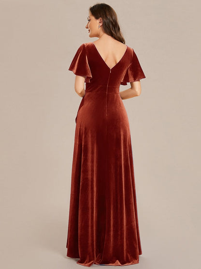 ever SYLVA|Double V-Neck Short Sleeves Stretchy Velvet Evening Dress with Lotus Leaf Hem