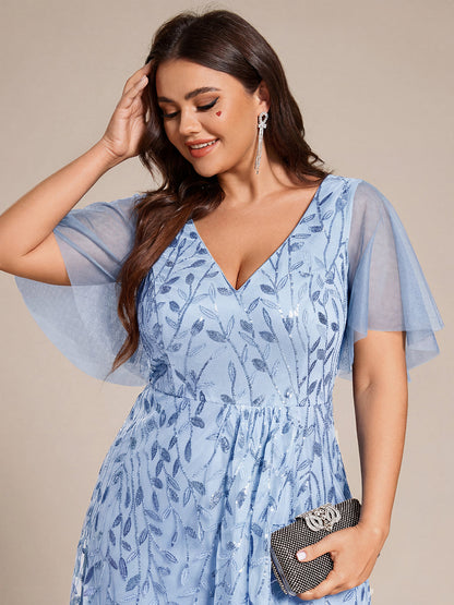 ever ALIX|Short Sleeves Sequin High Low V-Neck Midi Formal Evening Dress