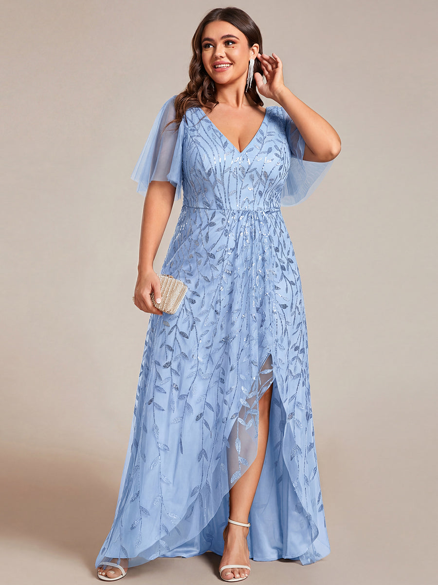 pretty ALIX|Plus Size Short Sleeves Sequin High Low V-Neck Midi Formal Evening Dress