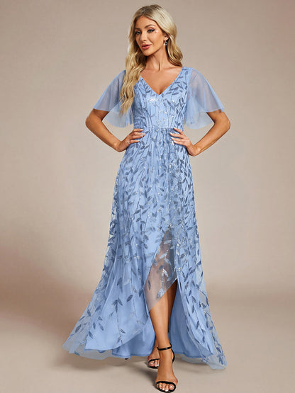 ever ALIX|Short Sleeves Sequin High Low V-Neck Midi Formal Evening Dress