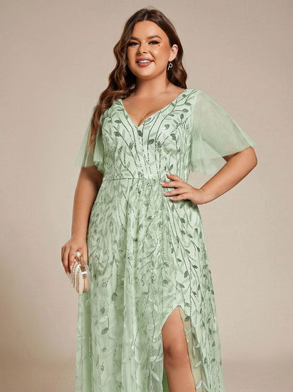 ever ALIX|Short Sleeves Sequin High Low V-Neck Midi Formal Evening Dress