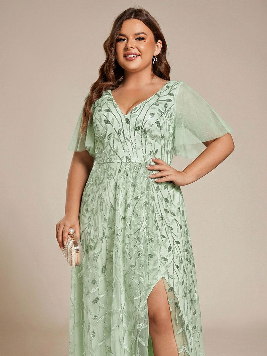 pretty ALIX|Plus Size Short Sleeves Sequin High Low V-Neck Midi Formal Evening Dress