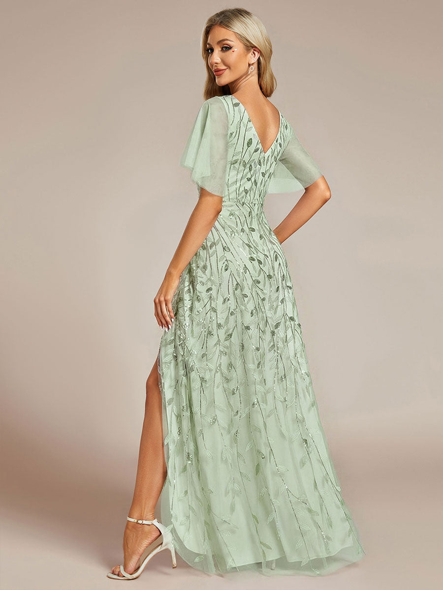 ever ALIX|Short Sleeves Sequin High Low V-Neck Midi Formal Evening Dress