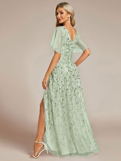 ever ALIX|Short Sleeves Sequin High Low V-Neck Midi Formal Evening Dress