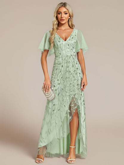 ever ALIX|Short Sleeves Sequin High Low V-Neck Midi Formal Evening Dress