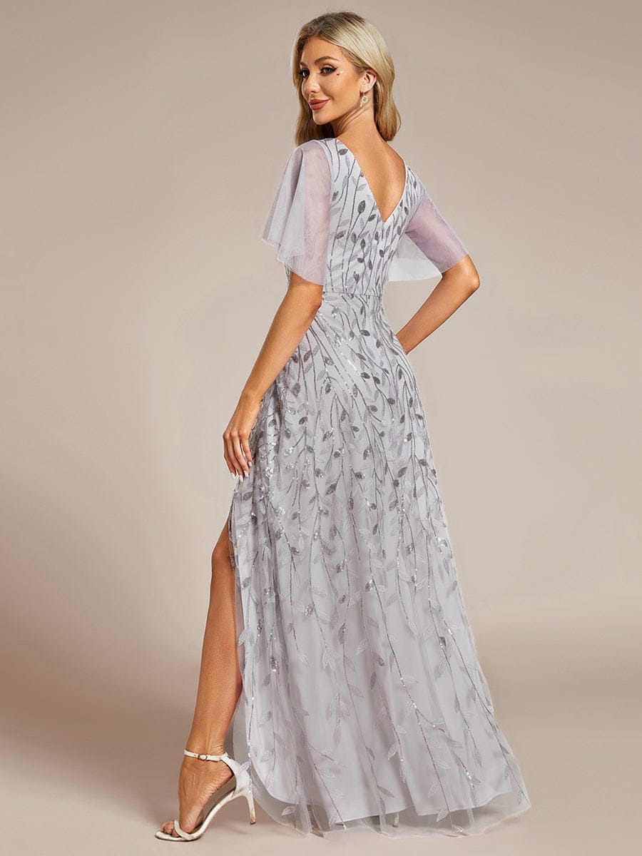 ever ALIX|Short Sleeves Sequin High Low V-Neck Midi Formal Evening Dress