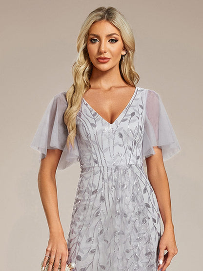 ever ALIX|Short Sleeves Sequin High Low V-Neck Midi Mother of the Bride Dress