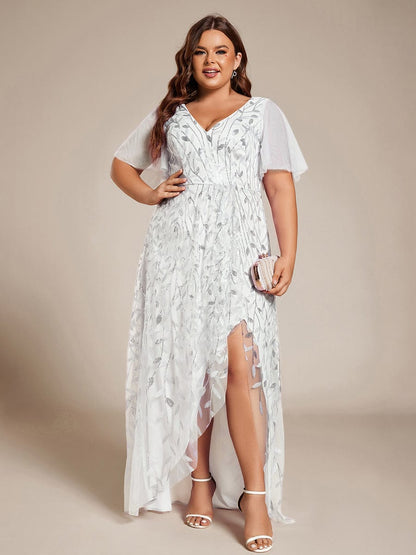 ever ALIX|Short Sleeves Sequin High Low V-Neck Midi Formal Wedding Guest Dress