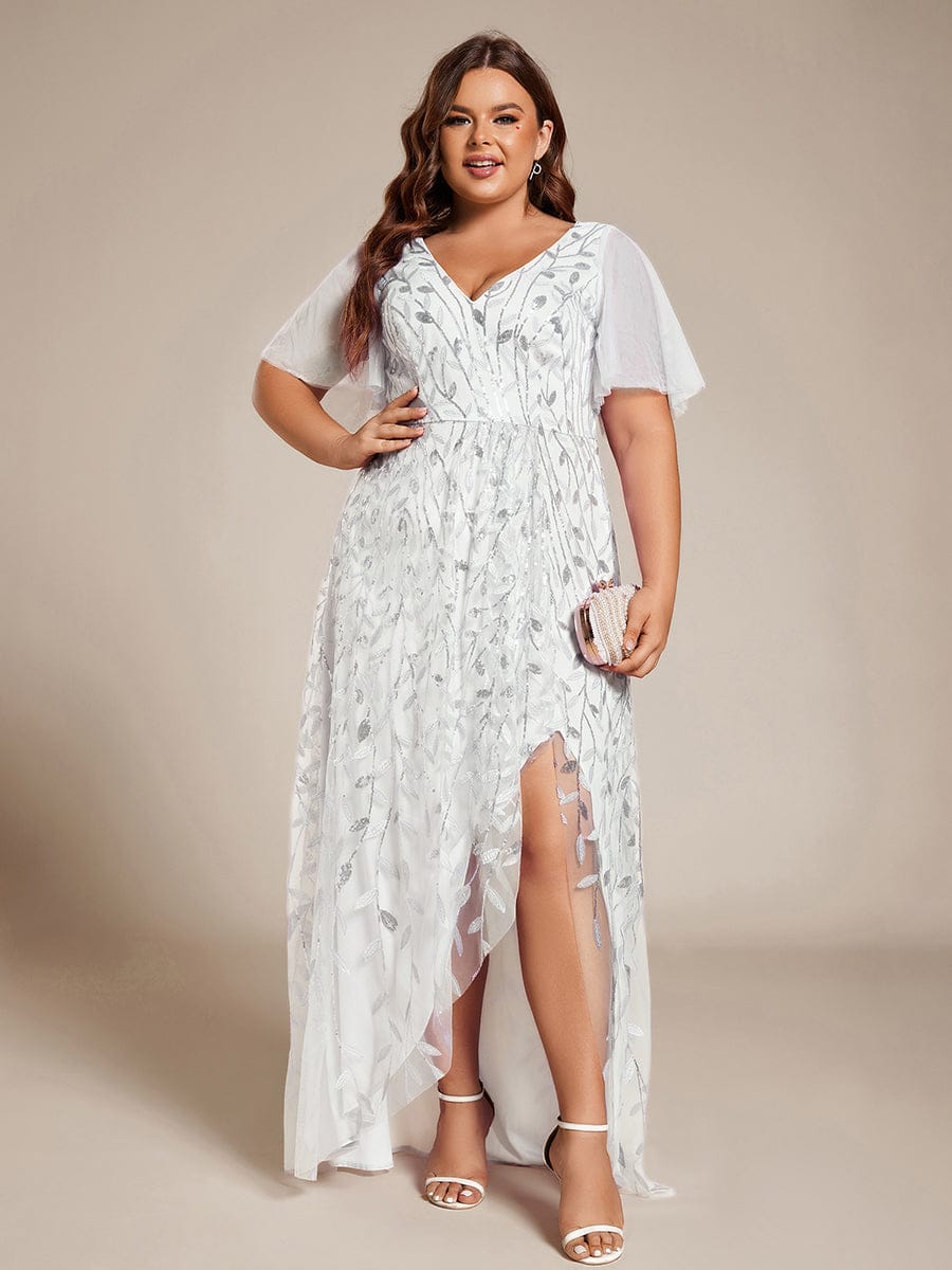 ever ALIX|Short Sleeves Sequin High Low V-Neck Midi Formal Evening Dress