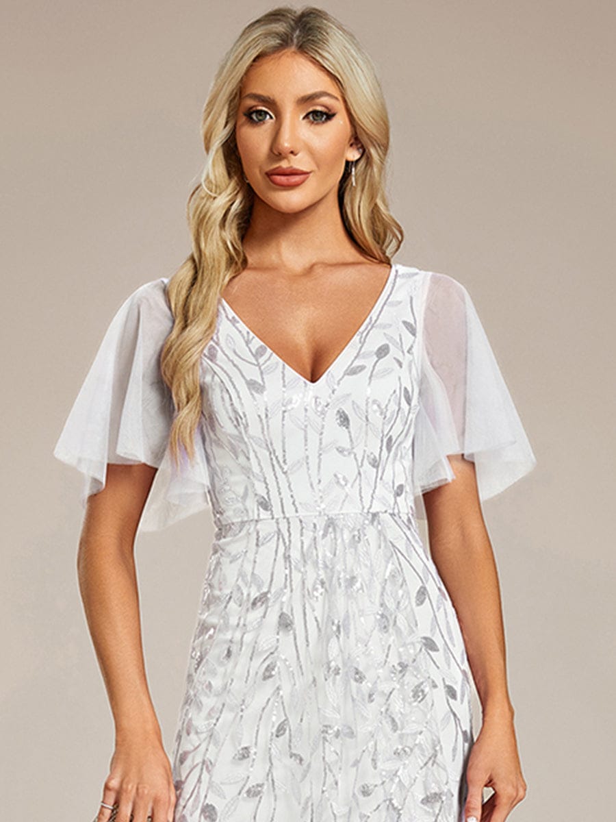 ever ALIX|Short Sleeves Sequin High Low V-Neck Midi Formal Evening Dress