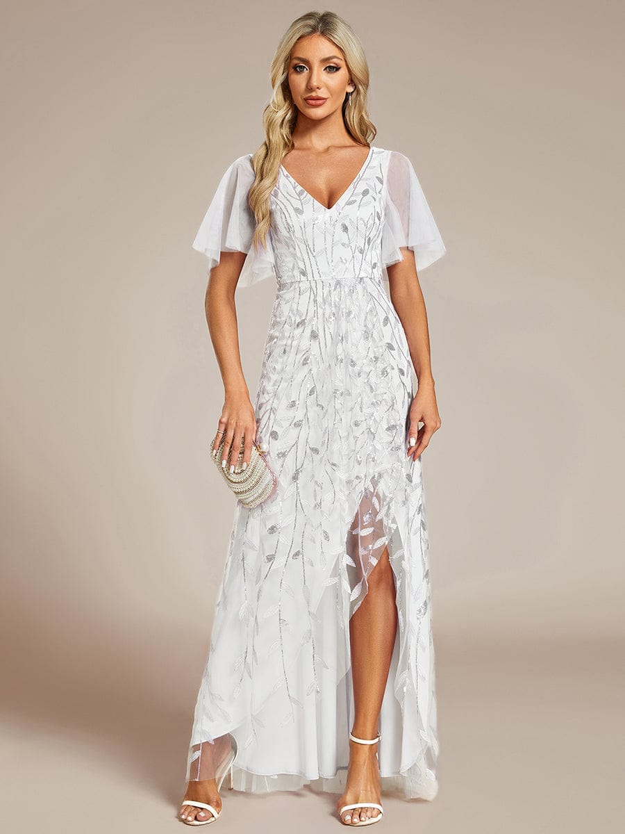 ever ALIX|Short Sleeves Sequin High Low V-Neck Midi Formal Evening Dress