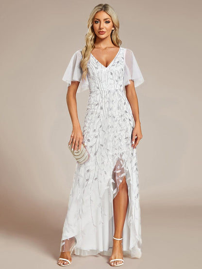 ever ALIX|Short Sleeves Sequin High Low V-Neck Midi Formal Evening Dress
