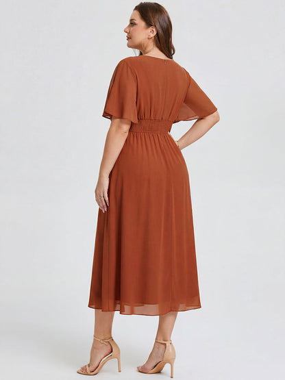 pretty LILOU| Plus Size Pleated Chiffon Ruffle Sleeve Wedding Guest Dress
