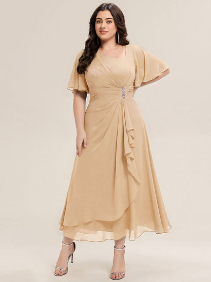 ever LILOU| Pleated Chiffon Ruffle Sleeve Wedding Guest Dress