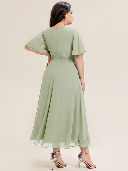 pretty LILOU| Plus Size Pleated Chiffon Ruffle Sleeve Wedding Guest Dress