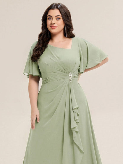 pretty LILOU| Plus Size Pleated Chiffon Ruffle Sleeve Wedding Guest Dress