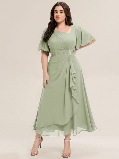 pretty LILOU| Plus Size Pleated Chiffon Ruffle Sleeve Wedding Guest Dress