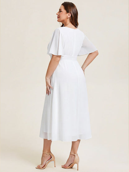 ever LILOU| Pleated Chiffon Ruffle Sleeve Wedding Guest Dress