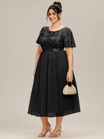 ever COOPER|Plus Size Round Neck Sequin Ruffle Sleeve Dress