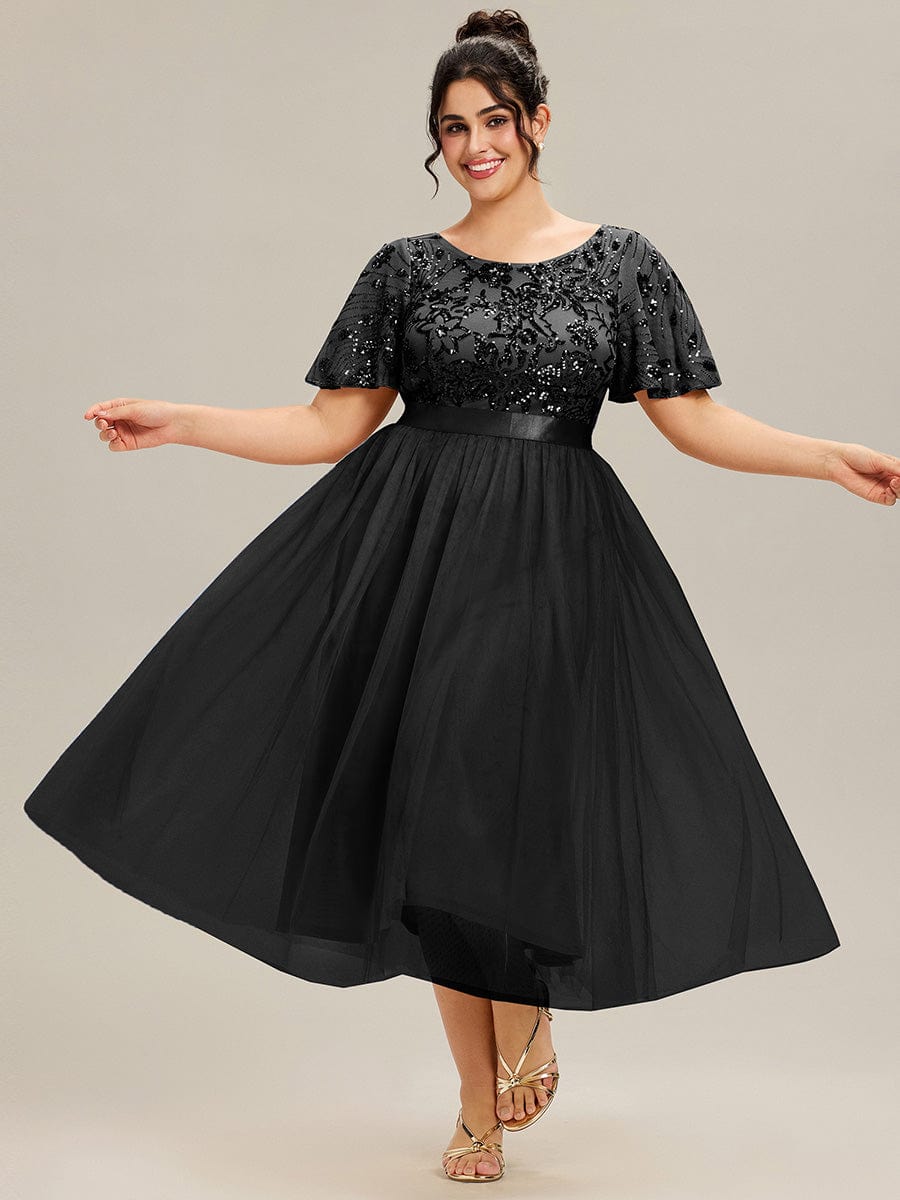 ever COOPER|Plus Size Round Neck Sequin Ruffle Sleeve Dress