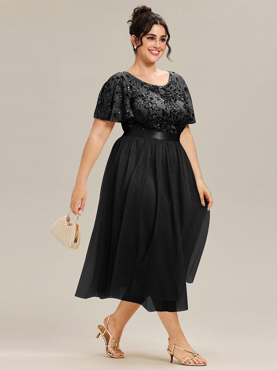 ever COOPER|Plus Size Round Neck Sequin Ruffle Sleeve Dress