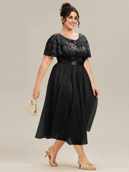 ever COOPER|Plus Size Round Neck Sequin Ruffle Sleeve Dress