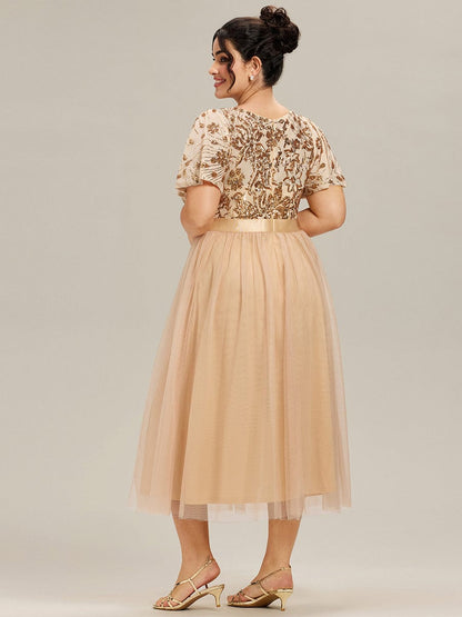 ever COOPER|Plus Size Round Neck Sequin Ruffle Sleeve Dress