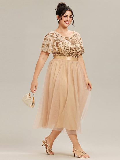 ever COOPER|Plus Size Round Neck Sequin Ruffle Sleeve Dress