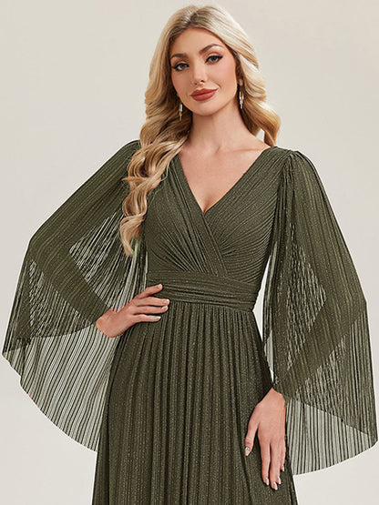 ever ISLA|Deep V-Neck Mesh Batwing Sleeve Evening Dress