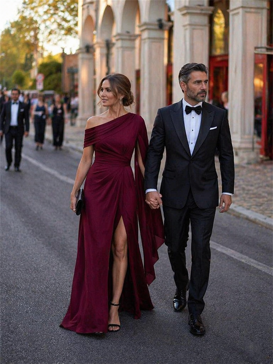 One-shoulder Ribbon detail Slit Maxi Evening Dress