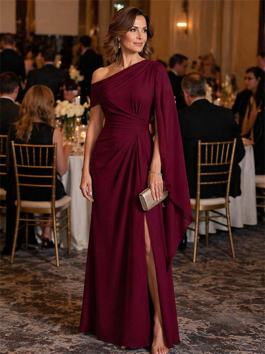 One-shoulder Ribbon detail Slit Maxi Evening Dress
