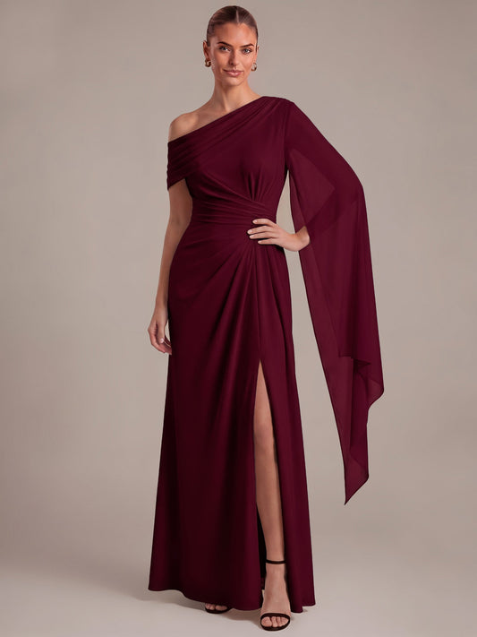 One-shoulder Ribbon detail Slit Maxi Evening Dress