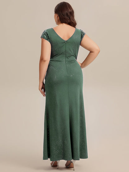pretty KAIA|Plus Size Knotted Knit Cap Sleeve Maxi Glitter Evening Dress