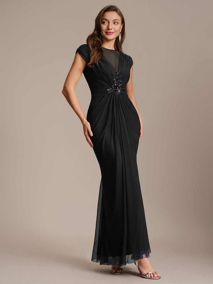 See-through Tulle Cap Sleeve Evening Dress