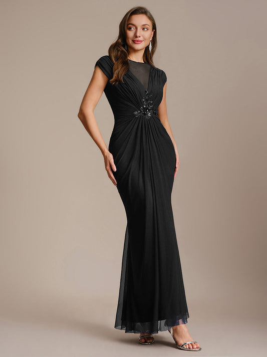 See-through Tulle Cap Sleeve Evening Dress