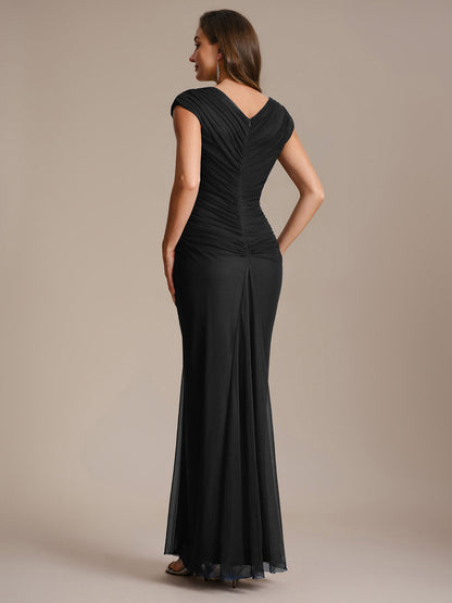 See-through Tulle Cap Sleeve Evening Dress