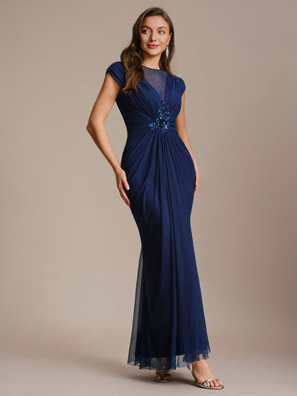 See-through Tulle Cap Sleeve Evening Dress