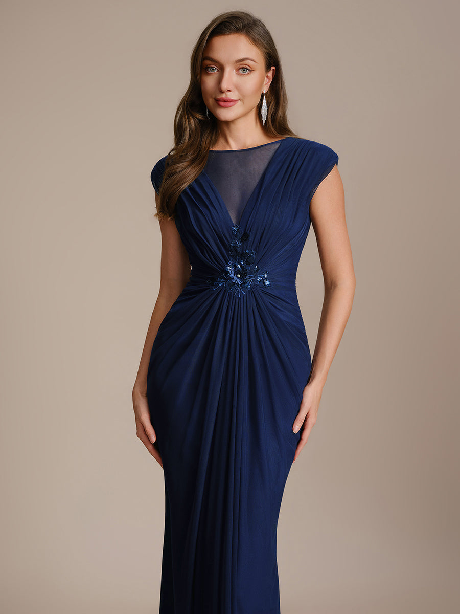 See-through Tulle Cap Sleeve Evening Dress