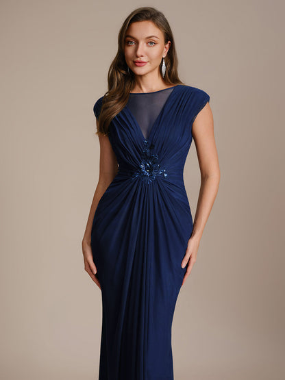See-through Tulle Cap Sleeve Evening Dress