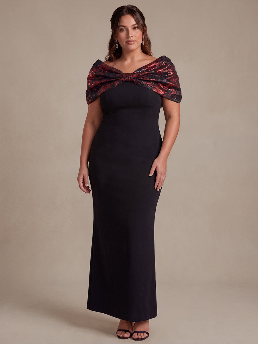 Knot Detail Jacquard Shawl Sleeve Evening Dress